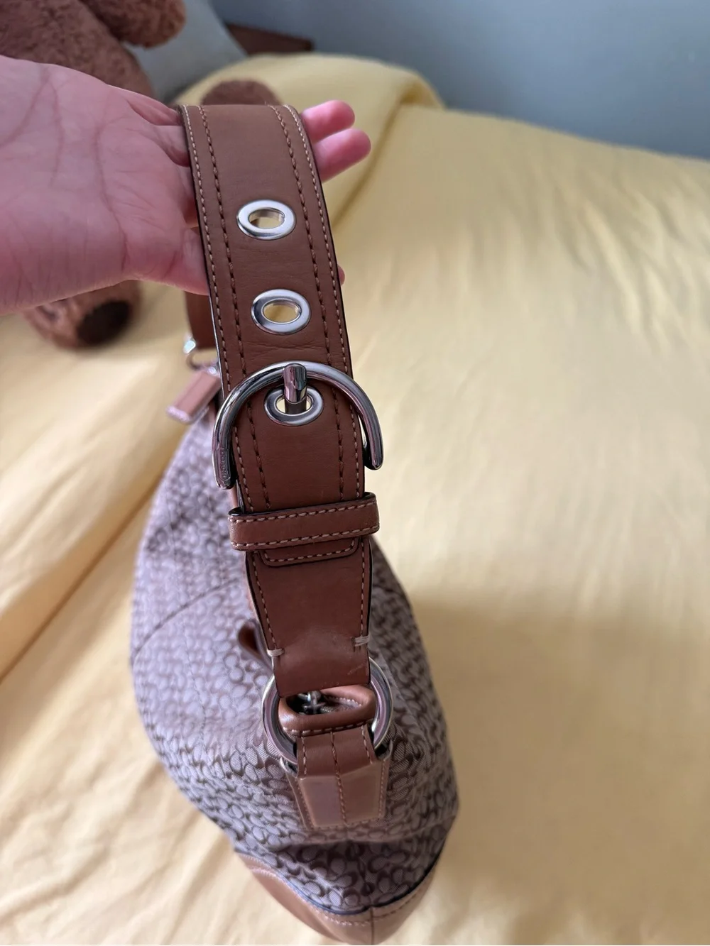 Coach Brown Signature Logo Hobo with Gold Flower Charm